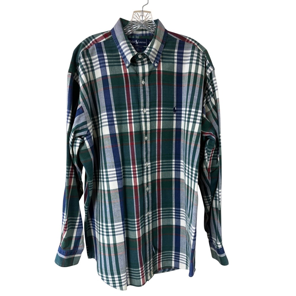 Ralph Lauren Shirt Mens Large Green Blue Plaid Cotton Button Down Long Sleeve